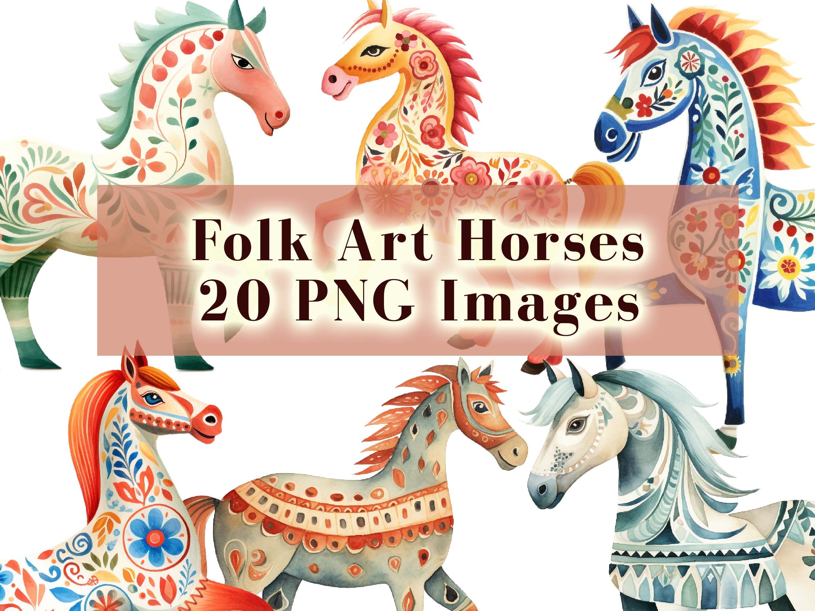 Scandinavian Folk Art Horses Printable Clipart Set of 20 PNG
