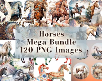 Watercolor Horses Clipart Mega Bundle - 120 PNG Graphics, Floral Horse Clip Art, Western PNG, Horse Riding PNG, Horse Lovers, Commercial Use