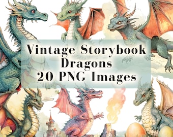 Dragon PNG Bundle - 20 Vintage Storybook Dragon Clipart, Fantasy Clip Art, Magical Creatures, Flying Dragons, Watercolor, Digital Download