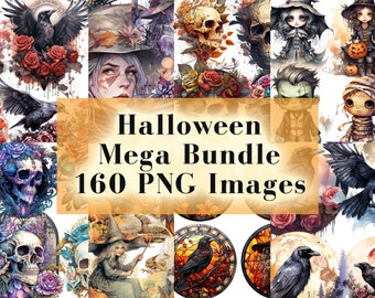 Halloween Clipart Mega Bundle - 160 PNG Halloween Art for Crafts and Decor, Digital Download, Sublimation Designs, Gothic Ravens, Witches