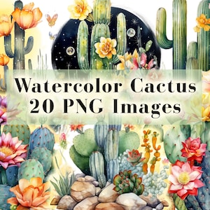 Paquete de imágenes prediseñadas de cactus de acuarela 20 PNG, imágenes prediseñadas de cactus del desierto, imágenes prediseñadas suculentas, PNG de cactus, png occidental, gráficos de paisajes del desierto