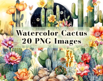 Watercolor Cactus Clipart Bundle 20 PNG, Desert Cactus Clipart, Succulent Clip Art, Cactus PNG, Western Png, Desert Landscape Graphics