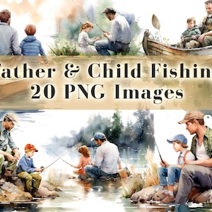 Watercolor Fishing Father Son Clipart Bundle, Fathers Day Fishing Clipart, Fish PNG Clip Art, 20 Graphics, Instant Download, Commercial Use