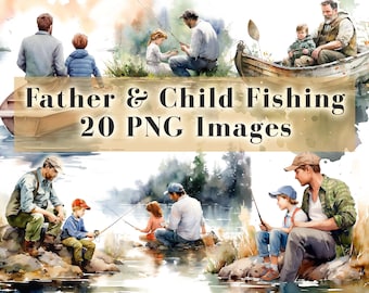 Watercolor Fishing Father Son Clipart Bundle, Fathers Day Fishing Clipart, Fish PNG Clip Art, 20 Graphics, Instant Download, Commercial Use