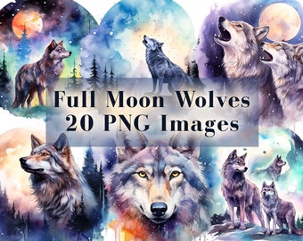 Galaxy Wolf Clipart Bundle 20 PNG Full Moon Wolves Graphics, Sublimation Design, Wolf Tumbler Wrap, Wolf Design, PNG, Digital Download ONLY
