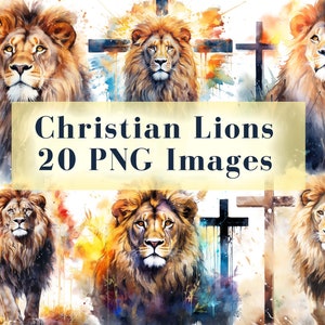Aquarelle Lion PNG Designs pour sublimation, 20 téléchargements chrétiens PNG Bundle, Lion avec la Sainte-Croix, téléchargement immédiat usage Commercial