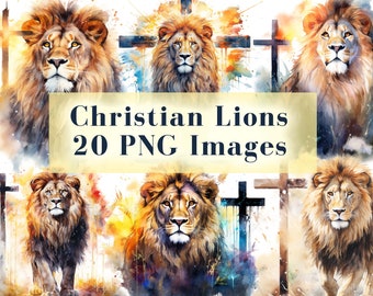 Watercolor Lion PNG Designs for Sublimation, 20 Christian PNG Bundle Instant Download, Lion with Holy Cross, Instant Download Commercial Use
