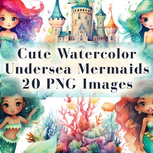 Mermaid Clipart Under the Sea Watercolor Clip Art, 20 Transparent PNG Graphics, Sea Life, Girls Decor, Scrapbook, Commercial Use, Digital