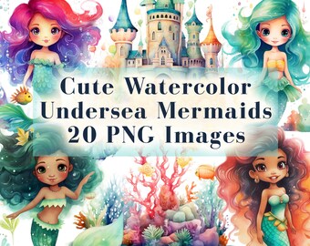 Clipart di sirene sotto il mare, clipart acquerello, 20 immagini PNG trasparenti, vita marina, decorazioni per ragazze, album di ritagli, uso commerciale, digitale