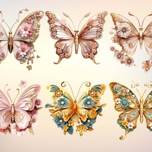 May include: Six ornate butterfly designs with intricate details. Each butterfly is made of gold and features a variety of colours, including pink, blue, and yellow. The butterflies are surrounded by flowers and leaves.