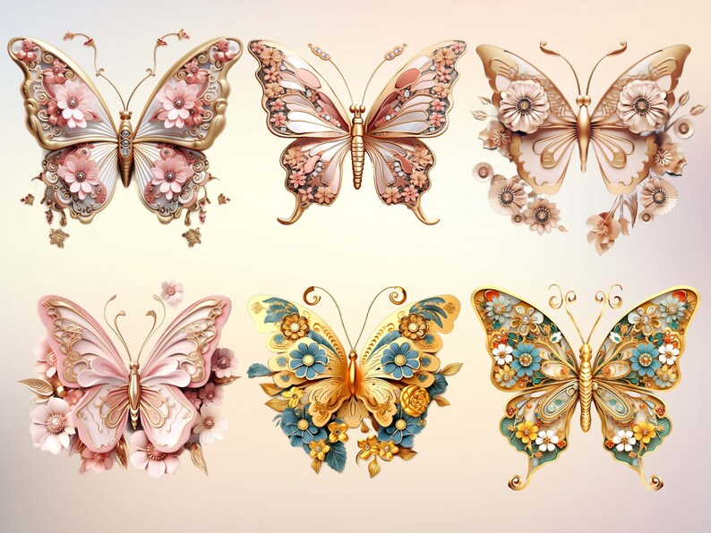 May include: Six ornate butterfly designs with intricate details. Each butterfly is made of gold and features a variety of colours, including pink, blue, and yellow. The butterflies are surrounded by flowers and leaves.