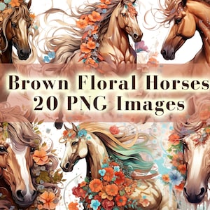 Clipart de Cavalo Floral Marrom - 20 Ilustrações PNG de Cavalo em Aquarela, Clip Art de Fantasia, Equitação, Gráficos PNG de Oeste, Download Instantâneo