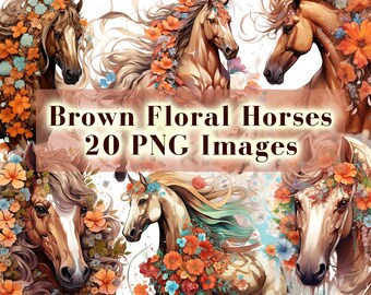 Op de afbeelding: Een verzameling van 20 digitale afbeeldingen met bruine paarden met bloemenkransen. De paarden hebben stromende manen en staarten, en de bloemen zijn in tinten oranje, blauw en groen.
