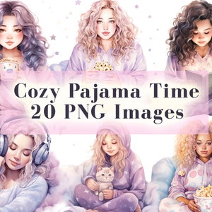 Watercolor Cozy Pajama Clipart, 20 Cozy Woman Clip Art PNG, Book Lover Clipart, Coffee Girls, Self Care PNG, Soft Pastel Girl Time Graphics