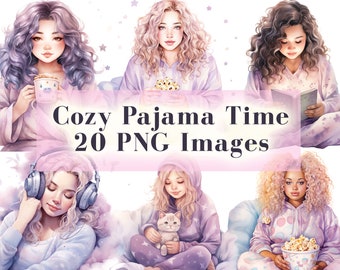 Watercolor Cozy Pajama Clipart, 20 Cozy Woman Clip Art PNG, Book Lover Clipart, Coffee Girls, Self Care PNG, Soft Pastel Girl Time Graphics