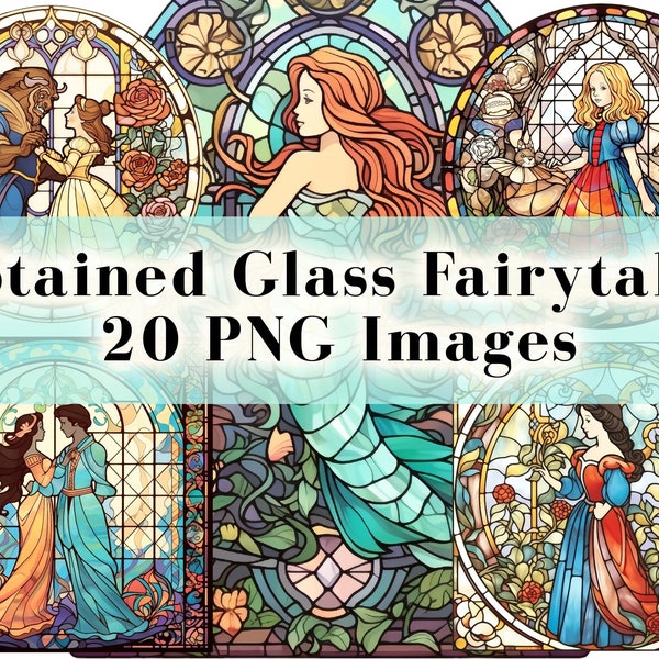 Stained Glass Fairytale Clipart Bundle 20 PNG Sublimation Graphics, Princess PNG, Fantasy Clip Art, Fairytale Princess Clipart, High Quality