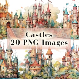 Watercolor Castle Clipart Bundle, Magic Fantasy Castle PNG, Retro Colorful Castle Clip Art, D&D Art, Sublimation Design, Instant Download