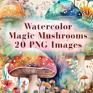 Pacote de clipart de cogumelos em aquarela - 20 clipart fofos de cogumelo venenoso da floresta mágica em PNG para download instantâneo para uso comercial, hippie psicodélico