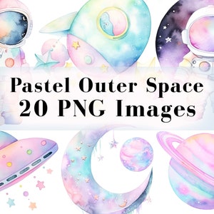 Pacchetto di clipart acquerello pastello con tema spaziale, 20 simpatici astronauti in formato PNG, clipart di pianeti, clipart di razzi in formato PNG, decorazioni per la cameretta dei bambini, cameretta per bambini, uso commerciale
