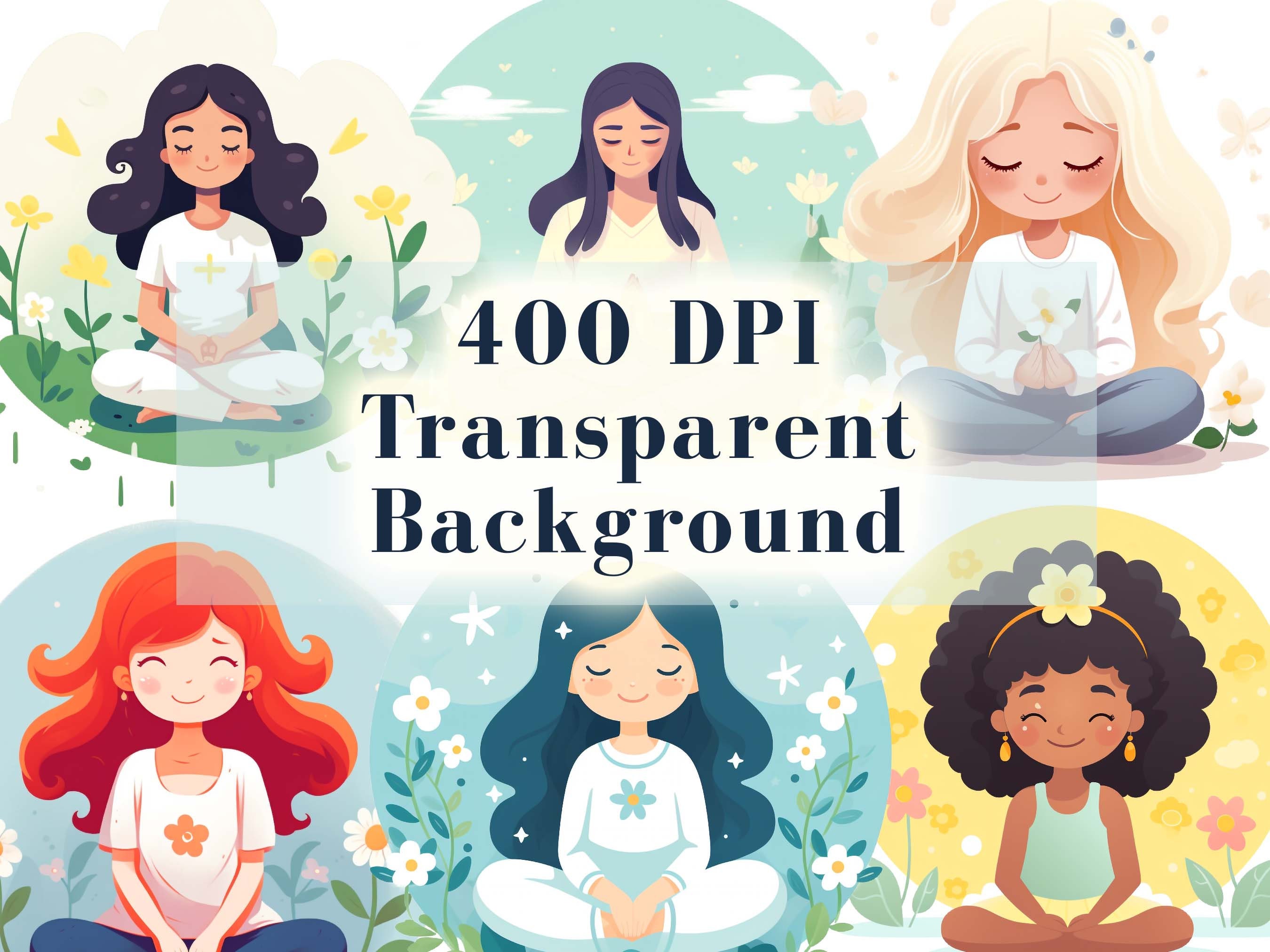 Kawaii Meditation Girls Clipart Bundle, Cute Yoga PNG Graphics (digital ...