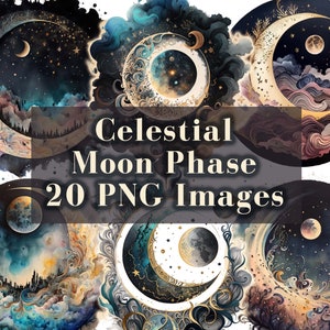 Dreamy Moonphase Clipart Bundle - 20 PNG Images of Moon Phase Watercolor Fantasy Celestial Enchanting Moon Art, Instant Download, Commercial