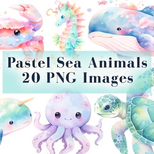 Animais Marinhos em Pastel - Clipart em Aquarela - 20 PNG, Chá de Bebê, Animais do Oceano, Polvo, Água-viva, Tartaruga, Baleia, Decoração de Aniversário Infantil para Berçário