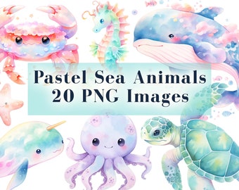 Pastel Sea Animals Watercolor Clipart - 20 PNG, Baby Shower, Ocean Animals, Octopus, Jellyfish, Turtle, Whale, Kids Birthday Nursery Decor