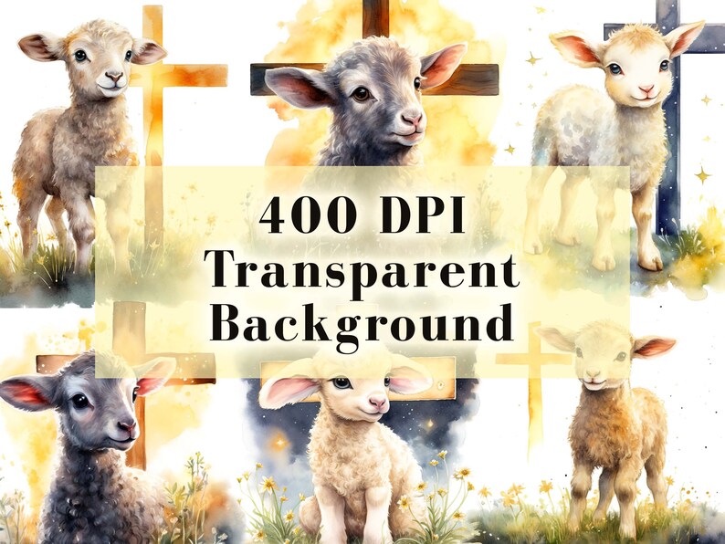 May include: Five watercolor illustrations of lambs standing in front of wooden crosses. The lambs are white, gray, and brown. The background is a watercolor wash of yellow and blue.