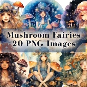 Pacote de Cliparts de Fadas Cogumelo - 20 PNG de Fantasia Noturna em Aquarela, Fada Mágica da Floresta, Download Instantâneo, Uso Comercial
