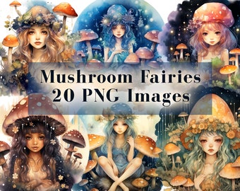Mushroom Fairies Clipart Bundle - 20 Nighttime Fantasy Watercolor PNG, Magical Woodland Forest Fairy, Instant Download, Commercial Use