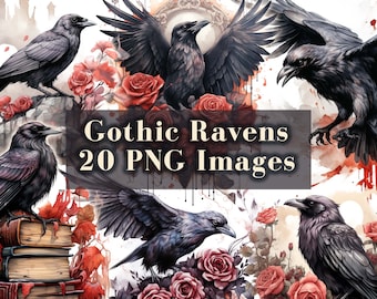 Clipart de cuervo gótico - 20 gráficos PNG, imágenes prediseñadas de Halloween en acuarela, cuervos negros, aves espeluznantes de fantasía, descarga instantánea, uso comercial