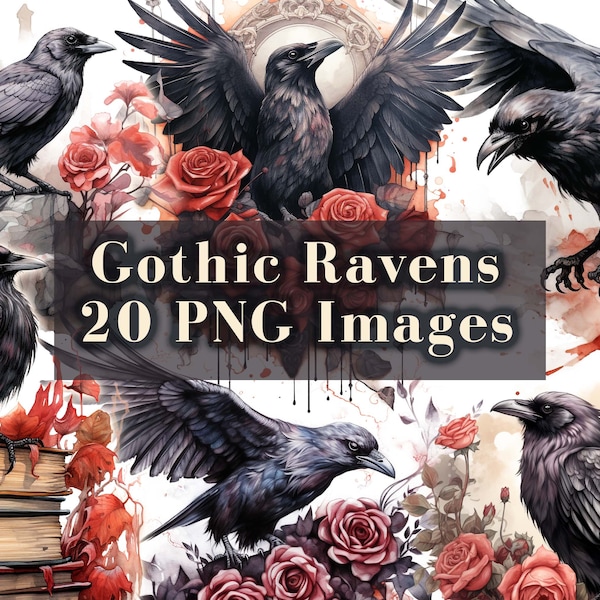 Gothic Raven Clipart - 20 PNG Graphics, Watercolor Halloween Clip Art, Black Crows, Fantasy Spooky Birds, Instant Download, Commercial Use