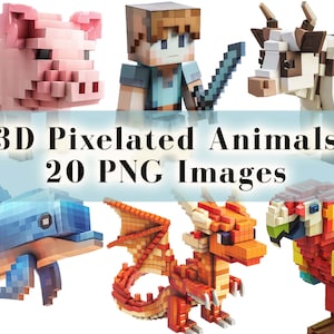 3D-Pixel-Tiere Clipart-Bundle - 20 Bausteine Style Charakter PNG, Videospiel Clipart, Pixel-Block Clip Art, Gaming PNG-Bundle