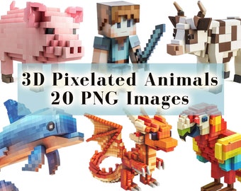 3D Pixelated Animals Clipart Bundle - 20 Building Block Style Character PNG, Video Game Clipart, Pixel Block Clip Art, Gaming PNG Bundle