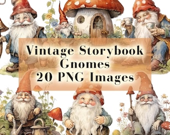 Pacchetto di clipart di gnomi da favola vintage, 20 simpatici gnomi in formato PNG, grafica magica da favola, immagini clipart fantasy, download digitale istantaneo