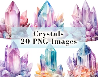 Può includere: Un set di 20 illustrazioni ad acquerello di cristalli viola, rosa e blu. I cristalli sono disposti in vari gruppi e formazioni. Le immagini sono file PNG ad alta risoluzione, perfetti per progetti di design digitale.
