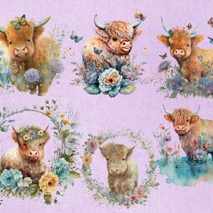 Cute Baby Highland Cow Clip Art Bundle Png, Watercolor Clipart ...