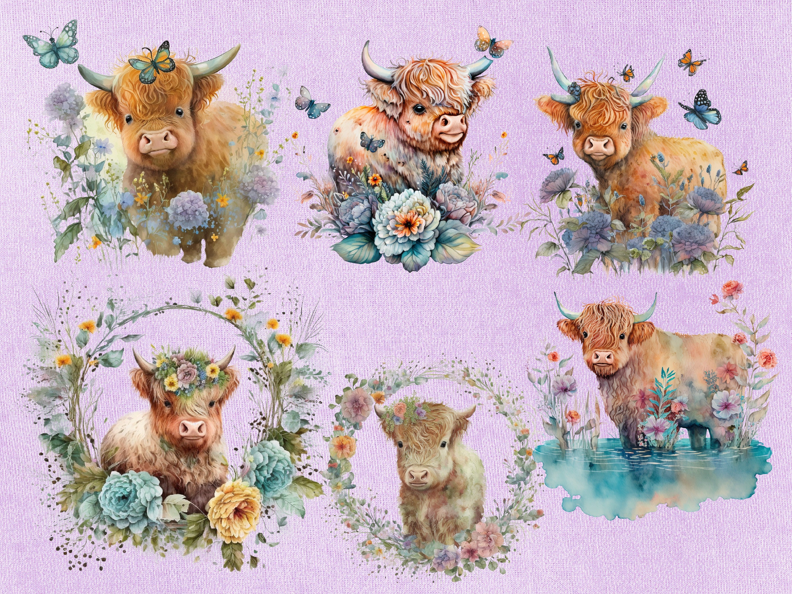 Cute Baby Highland Cow Clip Art Bundle Png, Watercolor Clipart ...