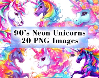 90's Neon Unicorns Clipart Bundle - 20 PNG Graphics, Retro Unicorn PNG, Vintage Neon Clip Art, Sublimation PNG, Magic Neon png Designs 90s