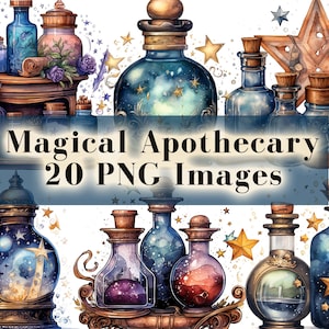 Pacchetto di clipart di Apothecary Junk Journal da 20 PNG, download digitale, pozioni magiche vintage, effimeri per album, clipart di bottiglie magiche a base di erbe