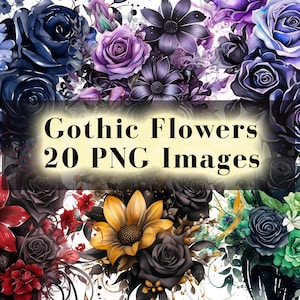 Clipart floral gótico de acuarela (20 PNG), clip art de flores góticas mágicas, descargas de imágenes digitales PNG de fantasía de cuento de hadas oscuro, rosas góticas