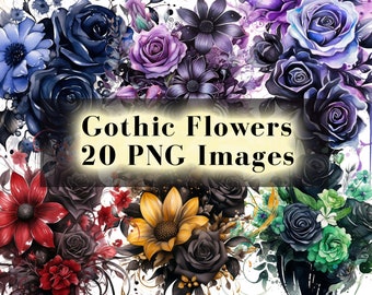 Aquarell Goth Blumen Clipart 20 PNG, Magische Gotische Blumen Clip Art, Dunkel Märchen Fantasie PNG Digitale Bild-Downloads, Gothic Rosen