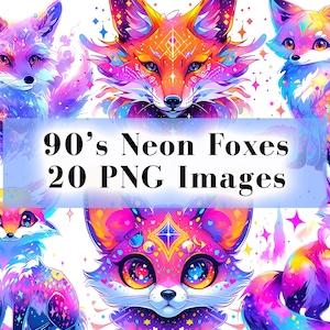Pacchetto clipart di volpi al neon anni '90 con 20 grafiche PNG, Volpe al neon, Volpe baby in formato PNG, Clip art neon vintage, PNG a sublimazione, Clipart neon, PNG neon retrò