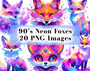 Pakiet Neon Foxes Clipart z lat 90. 20 PNG Grafiki, Neon Fox, Baby Fox PNG, Vintage Neon Clip Art, Sublimacja PNG, Neon Clipart, Retro Neon Png