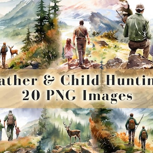 Clipart de caza de padre e hijo en acuarela, paquete de imágenes prediseñadas de caza del Día del Padre, imágenes prediseñadas PNG de caza de ciervos, 20 gráficos, descarga instantánea, comercial