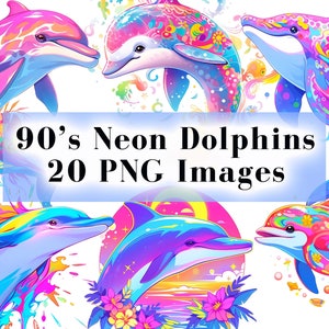 90er Jahre Neon Delfine Clipart Bundle - 20 PNG Grafiken, Retro Neon Delfin PNG, Vintage Neon Clip Art, Sublimation PNG, 90er Jahre Nostalgie Clipart