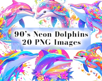 90's Neon Dolphins Clipart Bundle - 20 PNG Graphics, Retro Neon Dolphin PNG, Vintage Neon Clip Art, Sublimation PNG, 90s Nostalgia Clipart