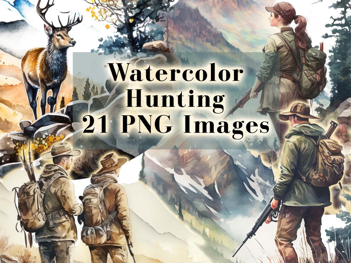 Watercolor Hunting Fishing Clipart Mega Bundle 100 PNG Graphics