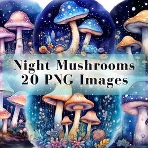 Bundle de cliparts aquarelle champignons - 20 champignons vénéneux fantastiques nocturnes PNG, champignon magique de la forêt boisée, téléchargement immédiat, usage Commercial