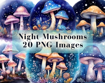Watercolor Mushrooms Clipart Bundle - 20 Nighttime Fantasy Toadstool PNG, Magical Woodland Forest Mushroom, Instant Download, Commercial Use